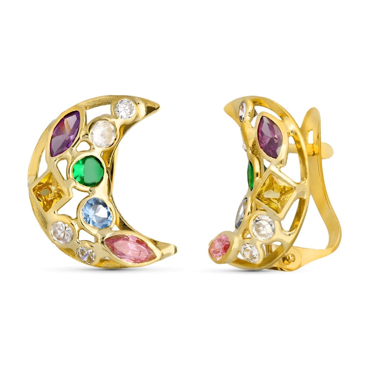 Boucles d'oreilles en Or Jaune 18K Couleur Lune Zircons 14X10 mm Fermoir à Charnière
