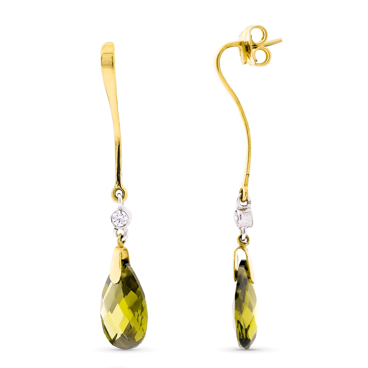 Orecchini pendenti con peridoto in oro bicolore 18 carati, 14 x 10 mm, chiusura a farfalla.