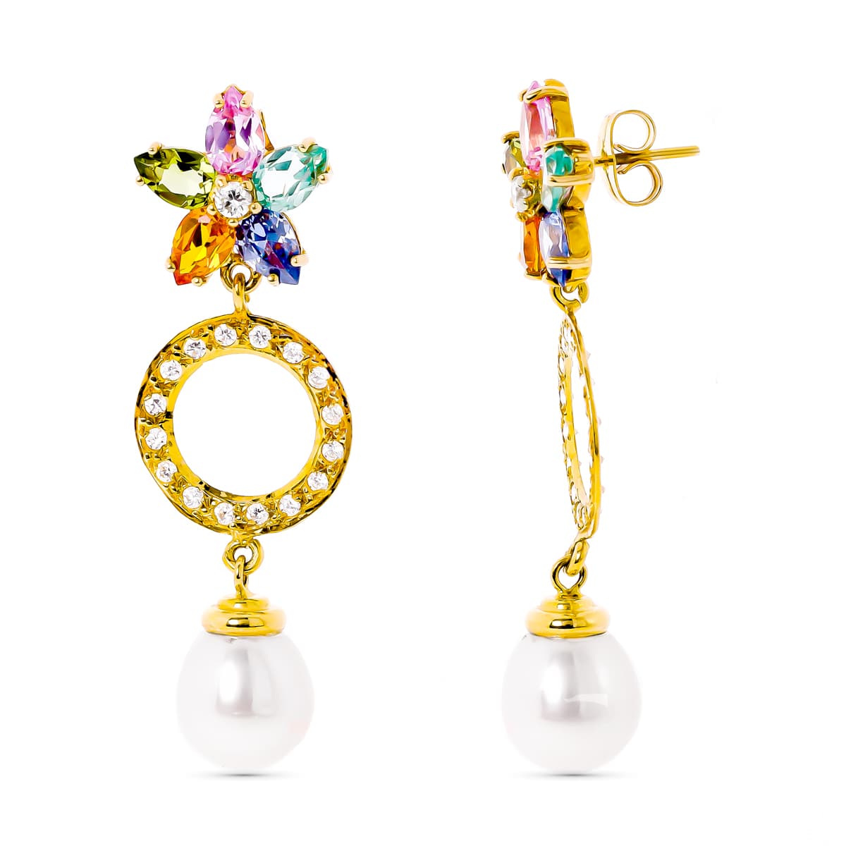 Boucles d'oreilles Or Jaune 18K Zircon et Perle et Pierre de Couleur Fleur Fermoir Poussettes Papillon