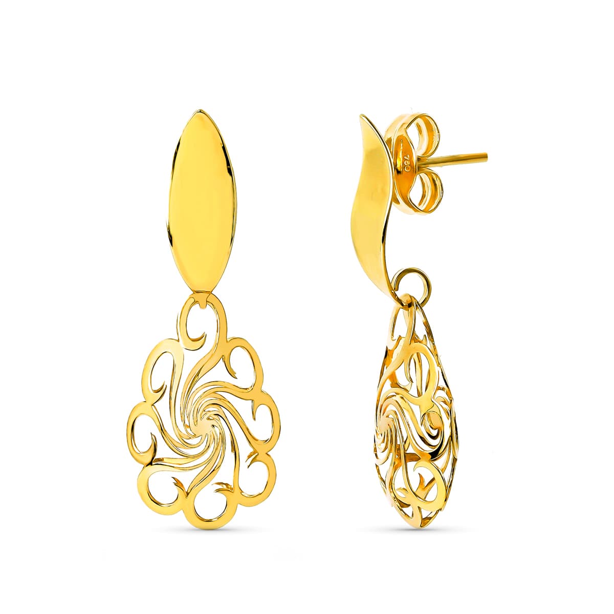 18K Boucles d'oreilles Or Jaune Fleur Oval Fermoir Poussettes Papillon
