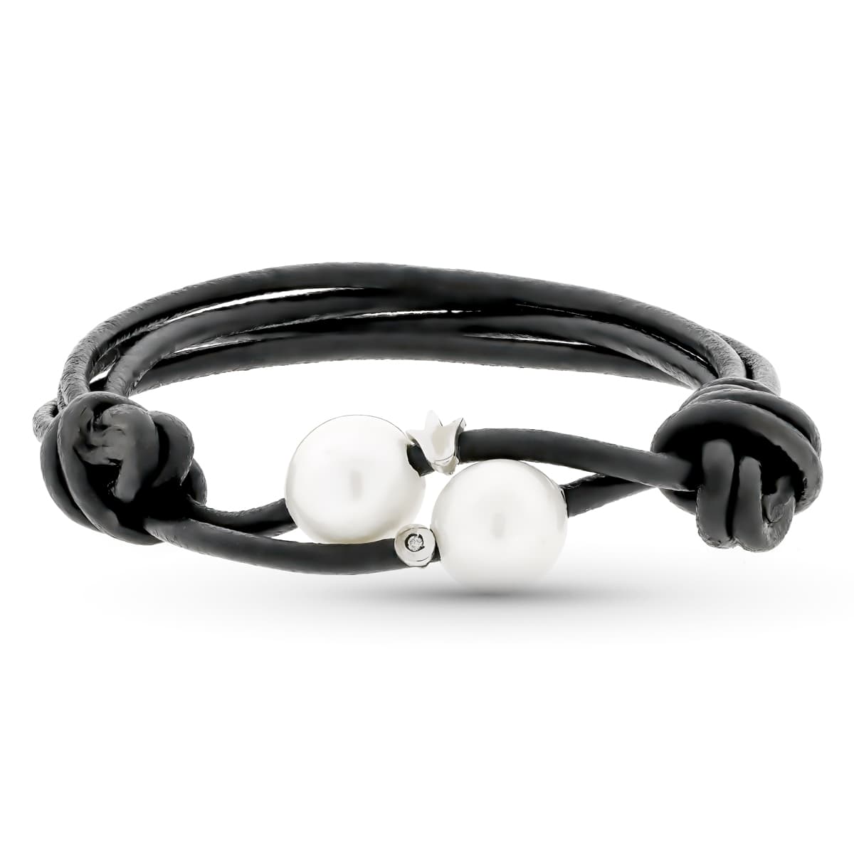 Pulseira de couro com pérolas e diamantes 18K