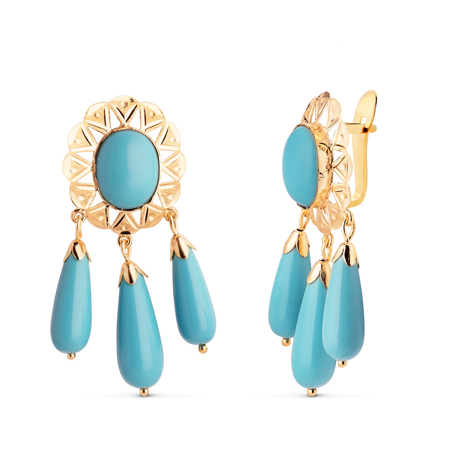 Boucles d'oreilles en Or Jaune 18K Sculptées avec Turquoise Ovale et 3 Larmes 37X15 mm Fermoir Catalan