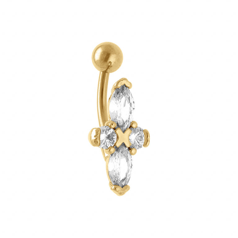 Piercing nombril croix en acier doré avec oxydes de zirconium blancs