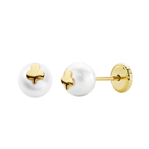 18K Yonca ve İnci Küpe 6 mm Vidalı Toka