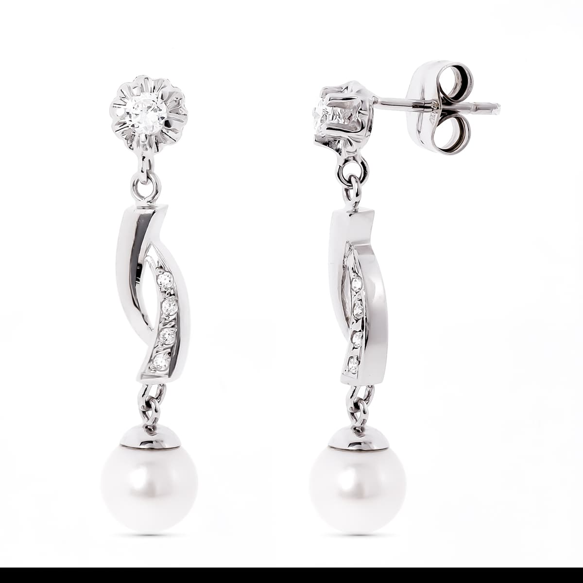 18K Boucles d'oreilles Or Blanc et Perle avec Zircon Fermoir Poussettes Papillon