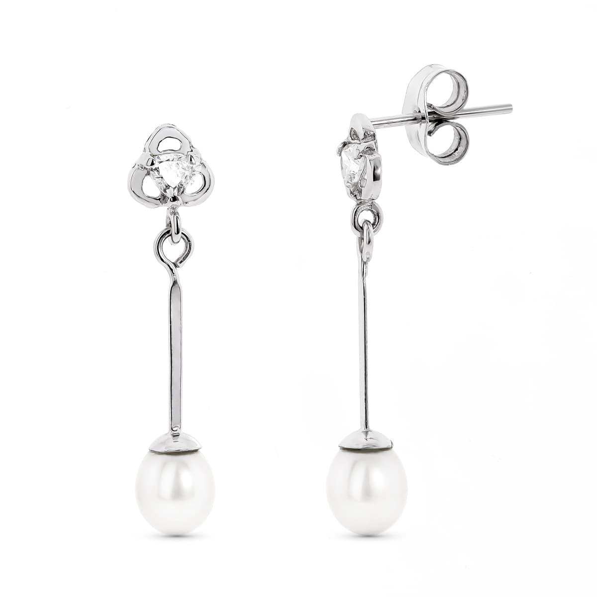18K Boucles d'oreilles Or Blanc avec Zircons et Perle