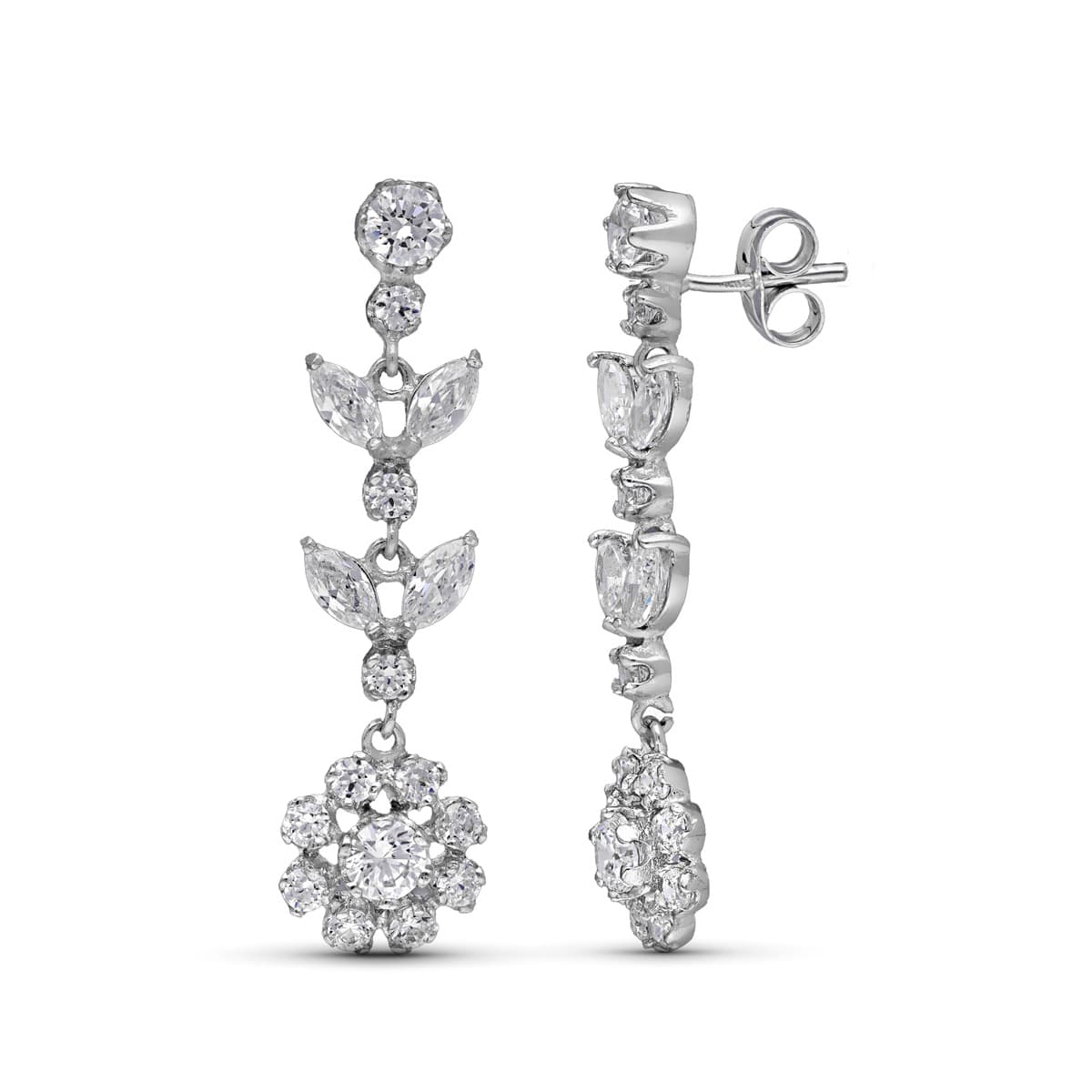 Brincos de zircônia em ouro branco 18K com fecho borboleta 35X10 mm