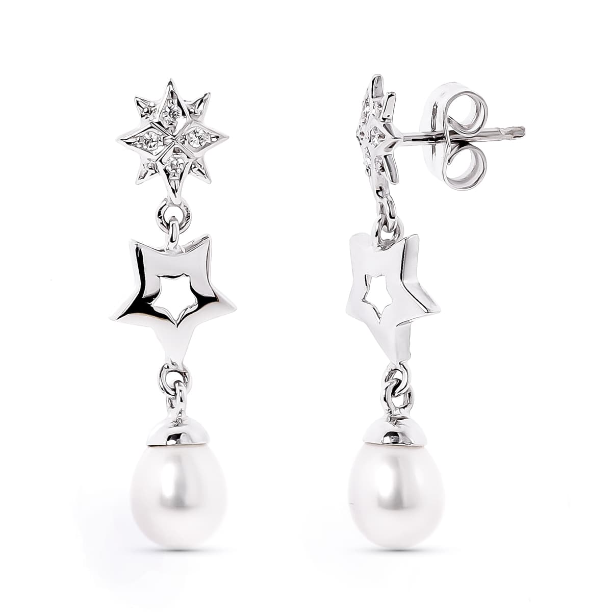 18K Boucles d'oreilles Or Blanc Etoiles et Zircon avec Perle