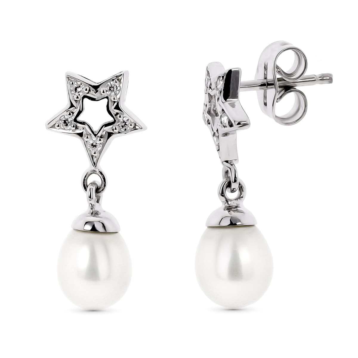 18K White Gold Star och Pearl örhängen
