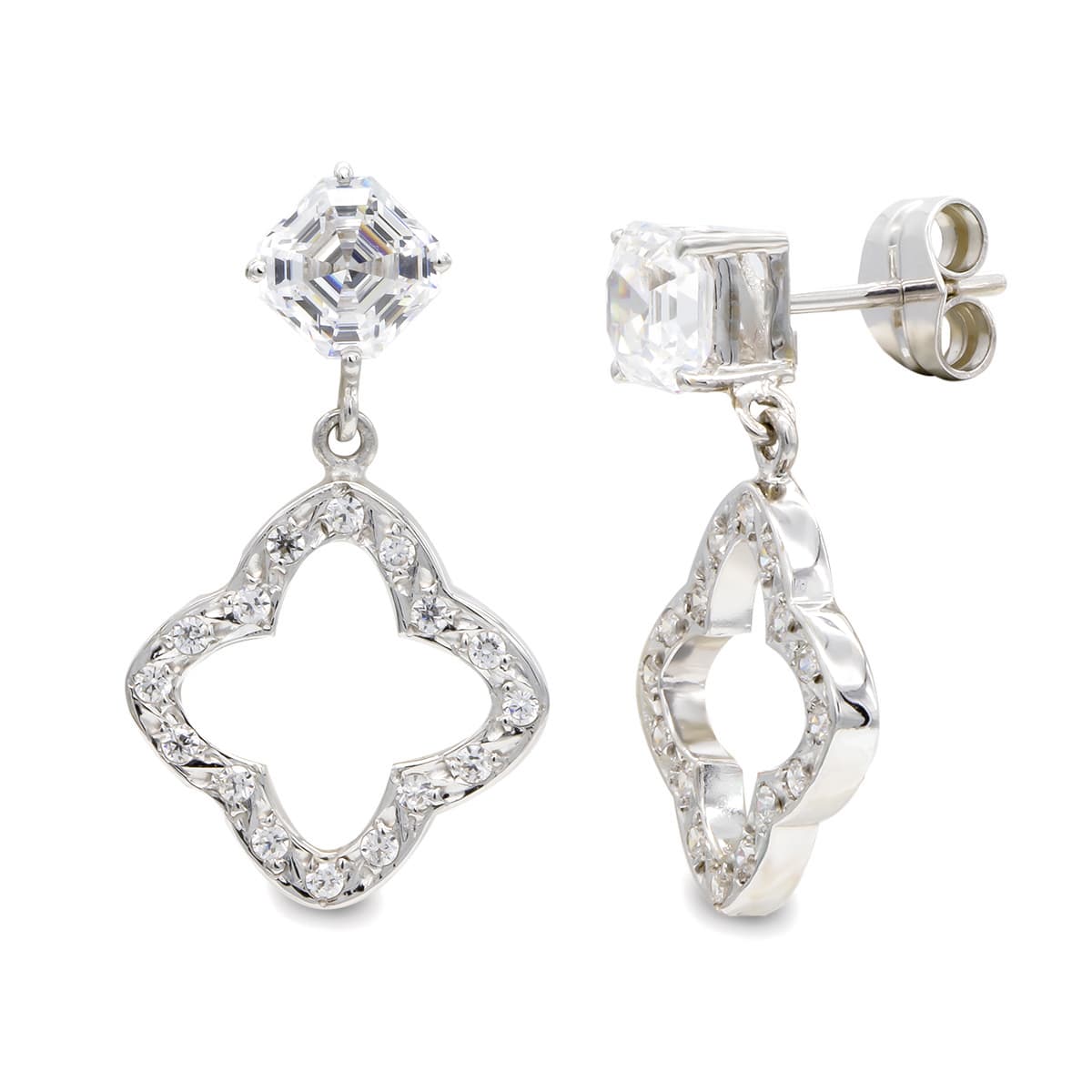 18K White Gold and Zircons Earrings 27X15 mm Butterfly Push Clasp