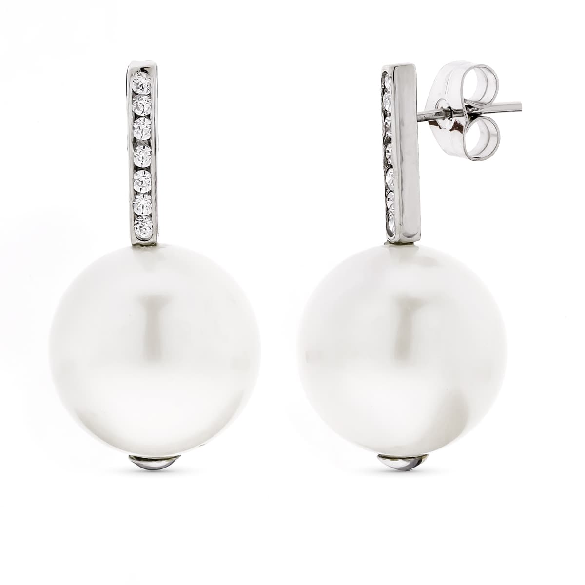 Brincos em ouro branco 18K com fecho borboleta de pérolas e zircônias de 14 mm