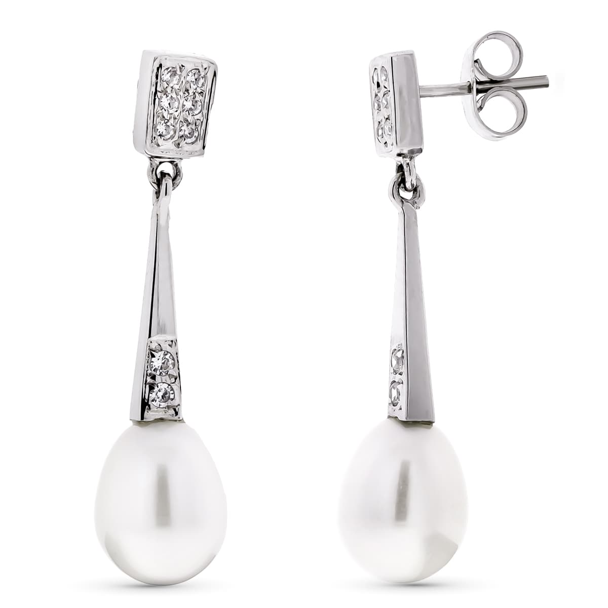 18K Boucles d'oreilles Or Blanc Perle et Zircon