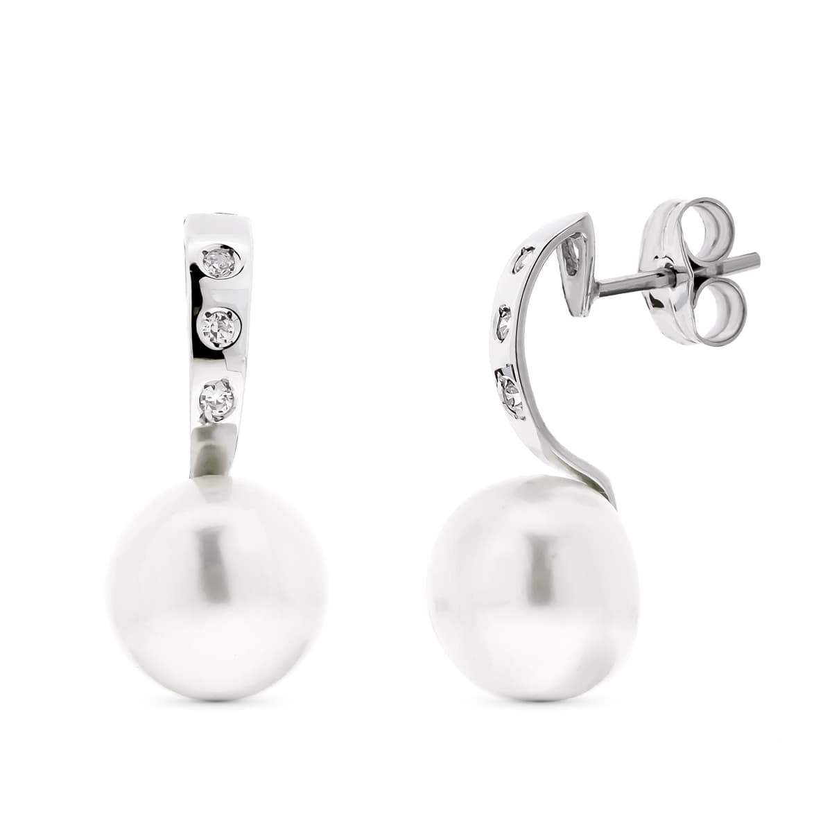 18K Boucles d'oreilles Or Blanc Perle et Zircons Fermoir Poussettes Papillon