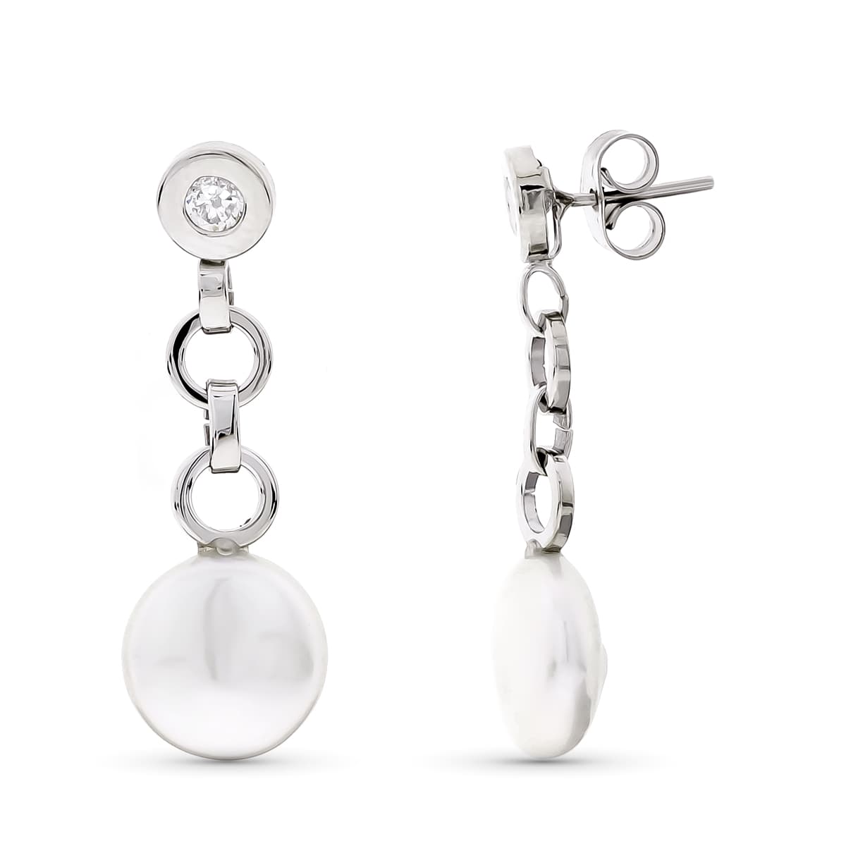 Pendientes Oro Blanco 18K Perlas 10MM y Circonitas