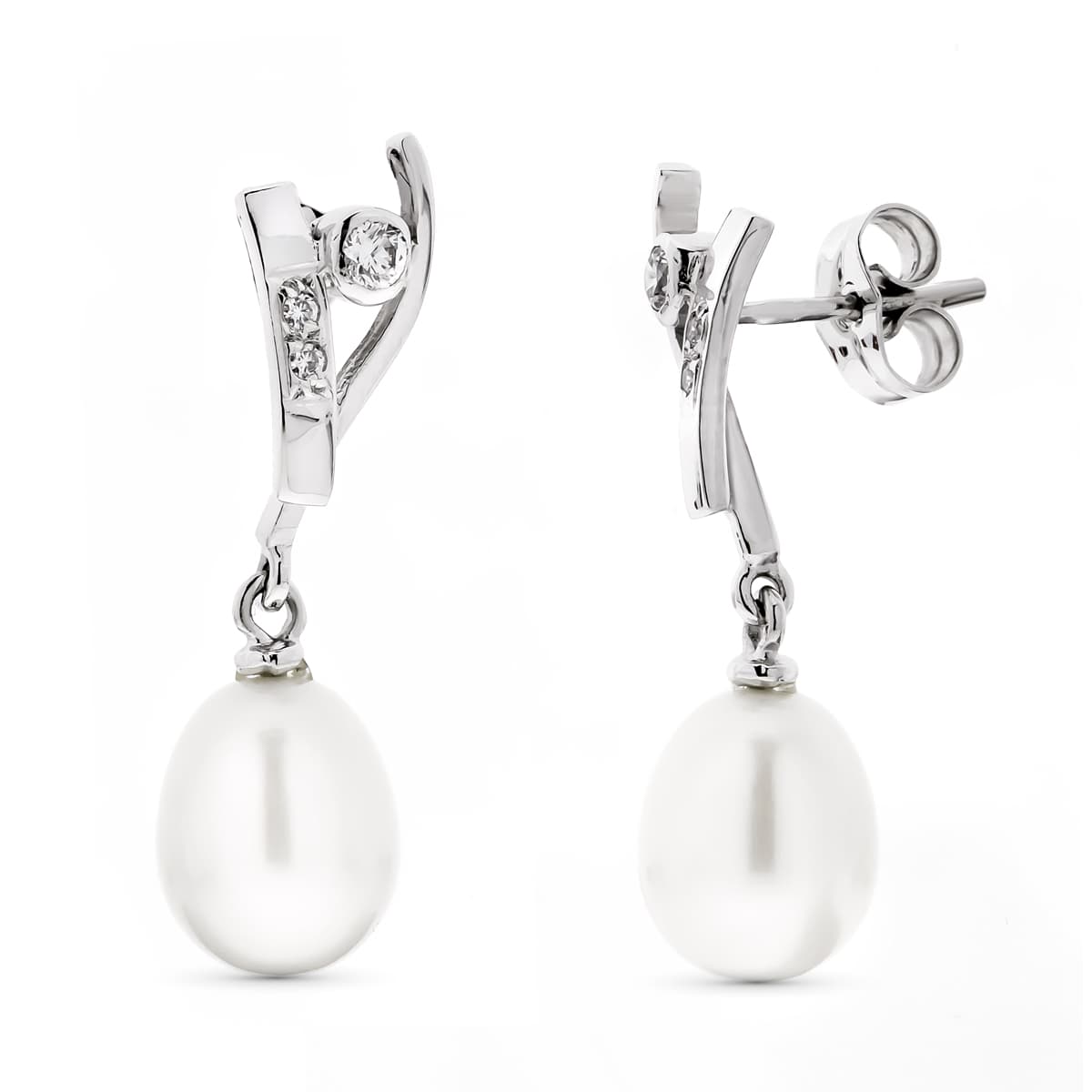 Pendientes de Perlas y Circonitas en Oro Blanco de 18K con Cierre Cochecito de Mariposa