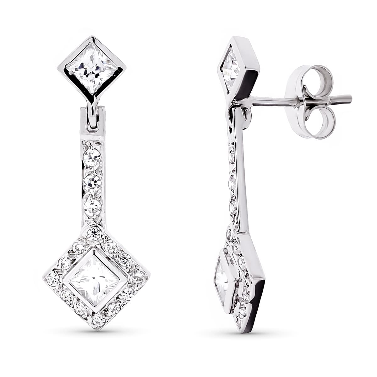 18K Boucles d'oreilles Or Blanc et Zircons 24X9 mm Fermoir Poussettes Papillon