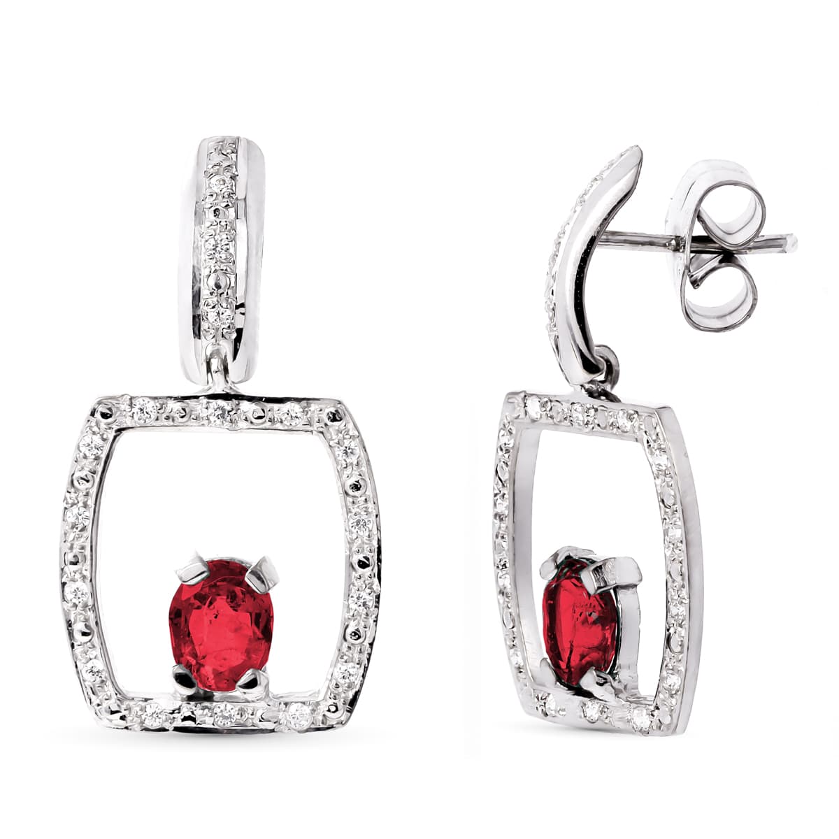 18K Boucles d'oreilles Or Blanc Rubis 5X4 mm Fermoir Poussettes Papillon
