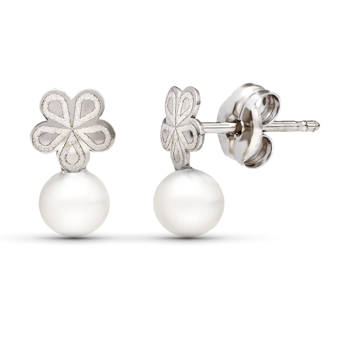 18 Ayar Beyaz Altın İnci Küpe. 9X5 mm Kelebek Bebek Arabası Tokası