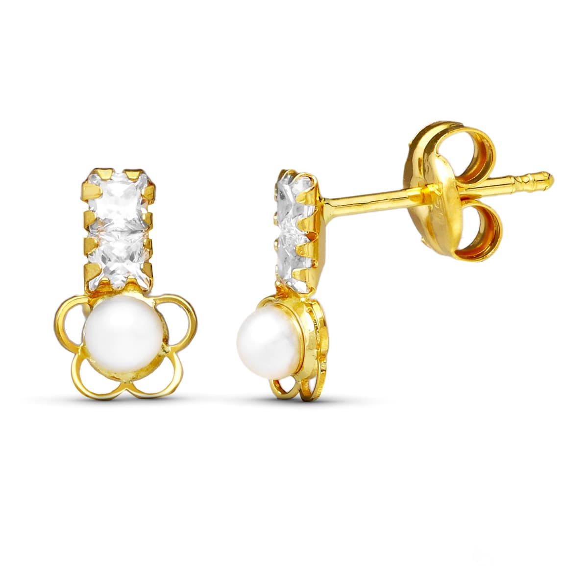 18 Ayar Sarı Altın İnci Çiçek Küpe. 8X5 mm Kelebek Bebek Arabası Tokası