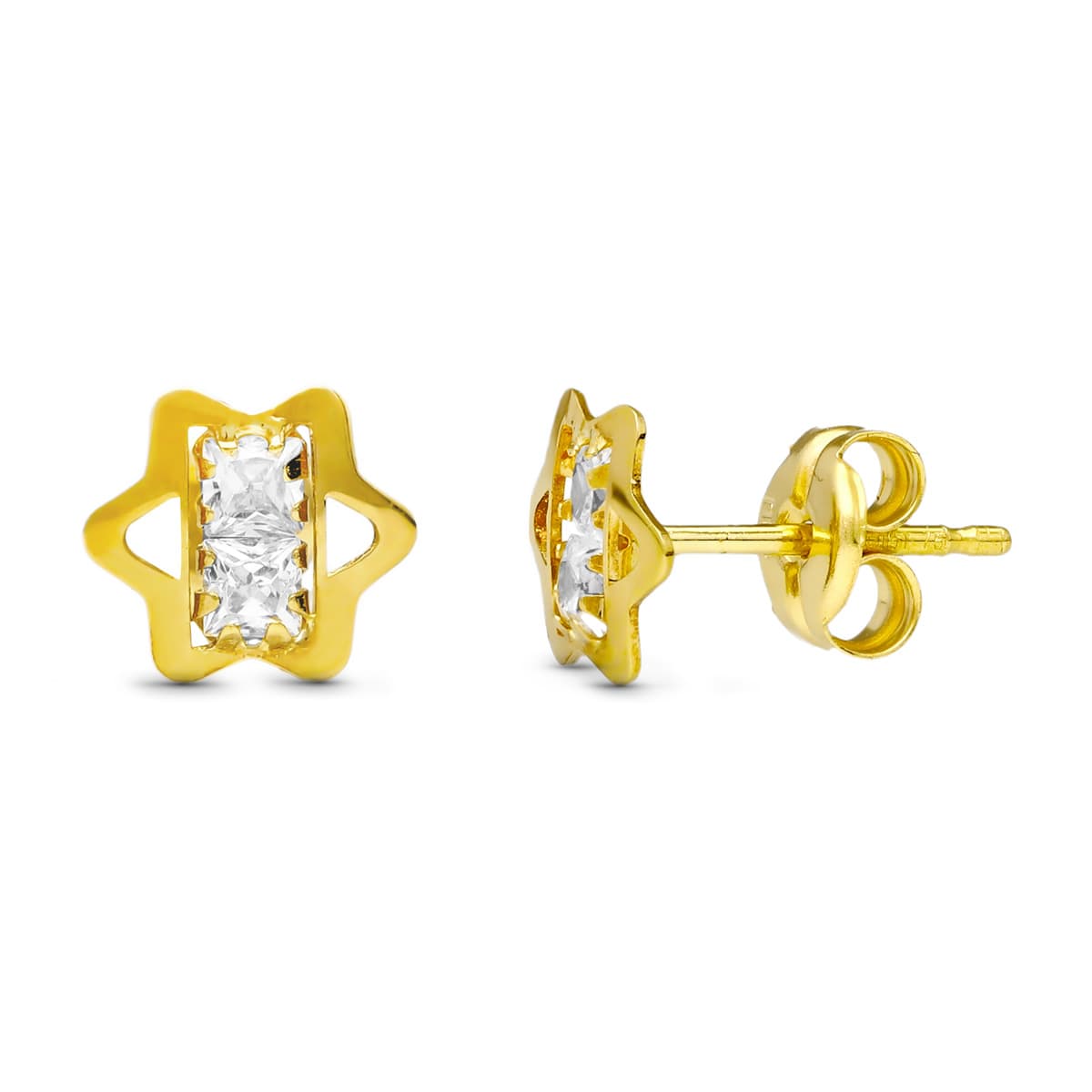 18 Ayar Sarı Altın Yıldız Zirkon Küpe. 6X6 mm Kelebek Bebek Arabası Tokası