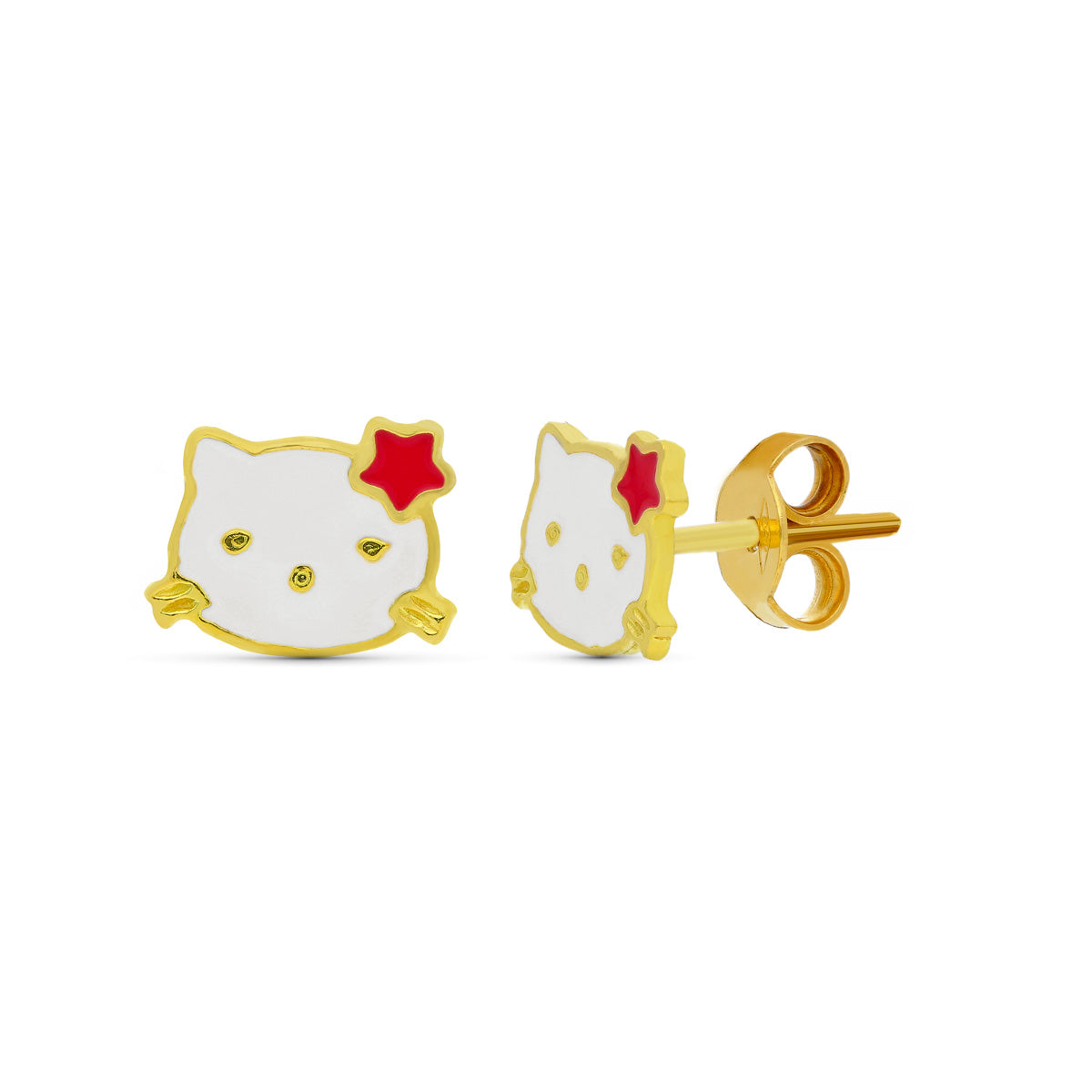 Kitty Earrings Enamel 18K Yellow Gold 10X7 mm Butterfly Stroller Clasp