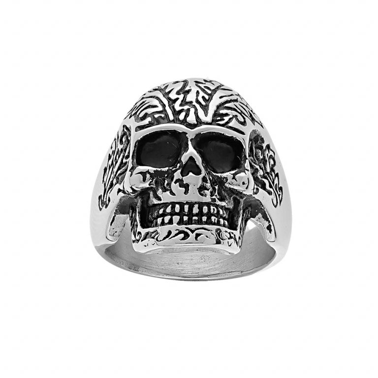 Bague tête de mort en acier avec détails gravés