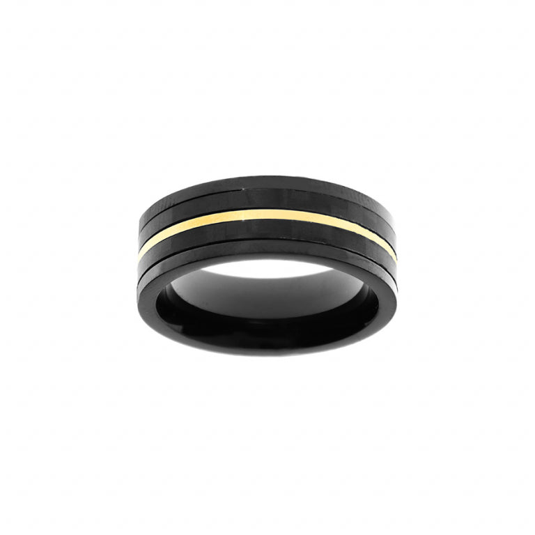 Bague alliance filet doré en acier PVD noir 8mm