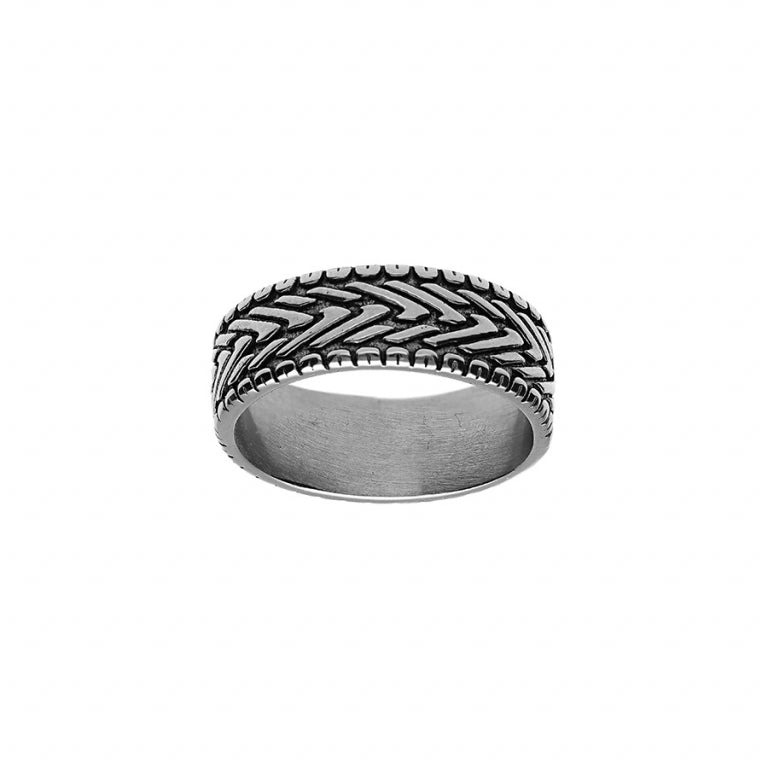 Herringbone pattern ring in patinated steel