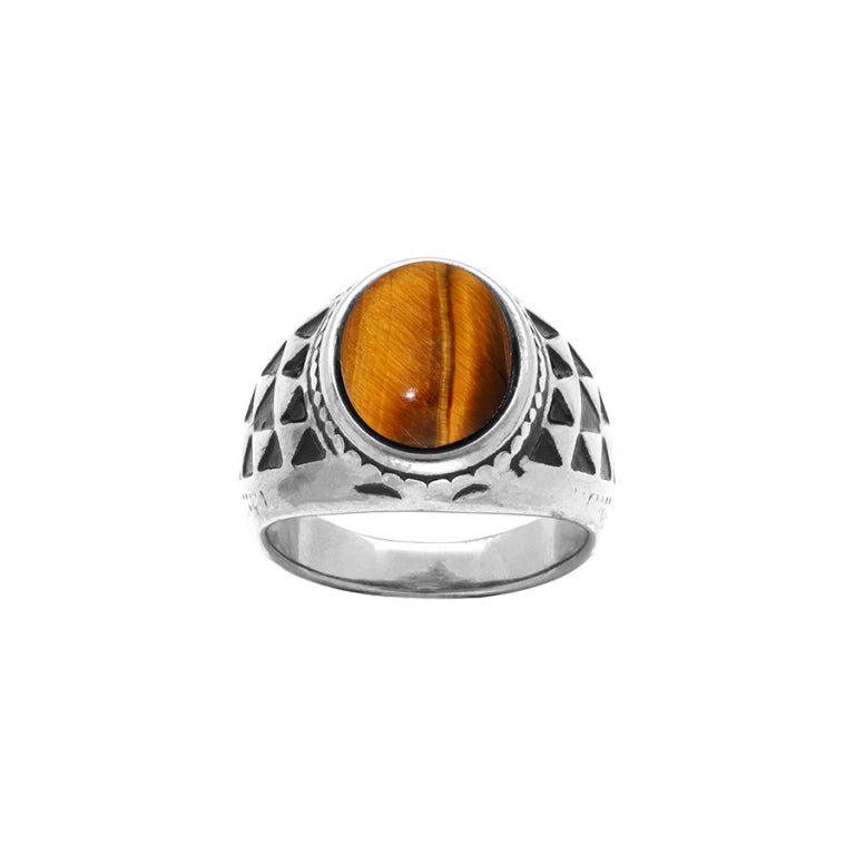 Bague motif œil de tigre en acier avec cabochon naturel