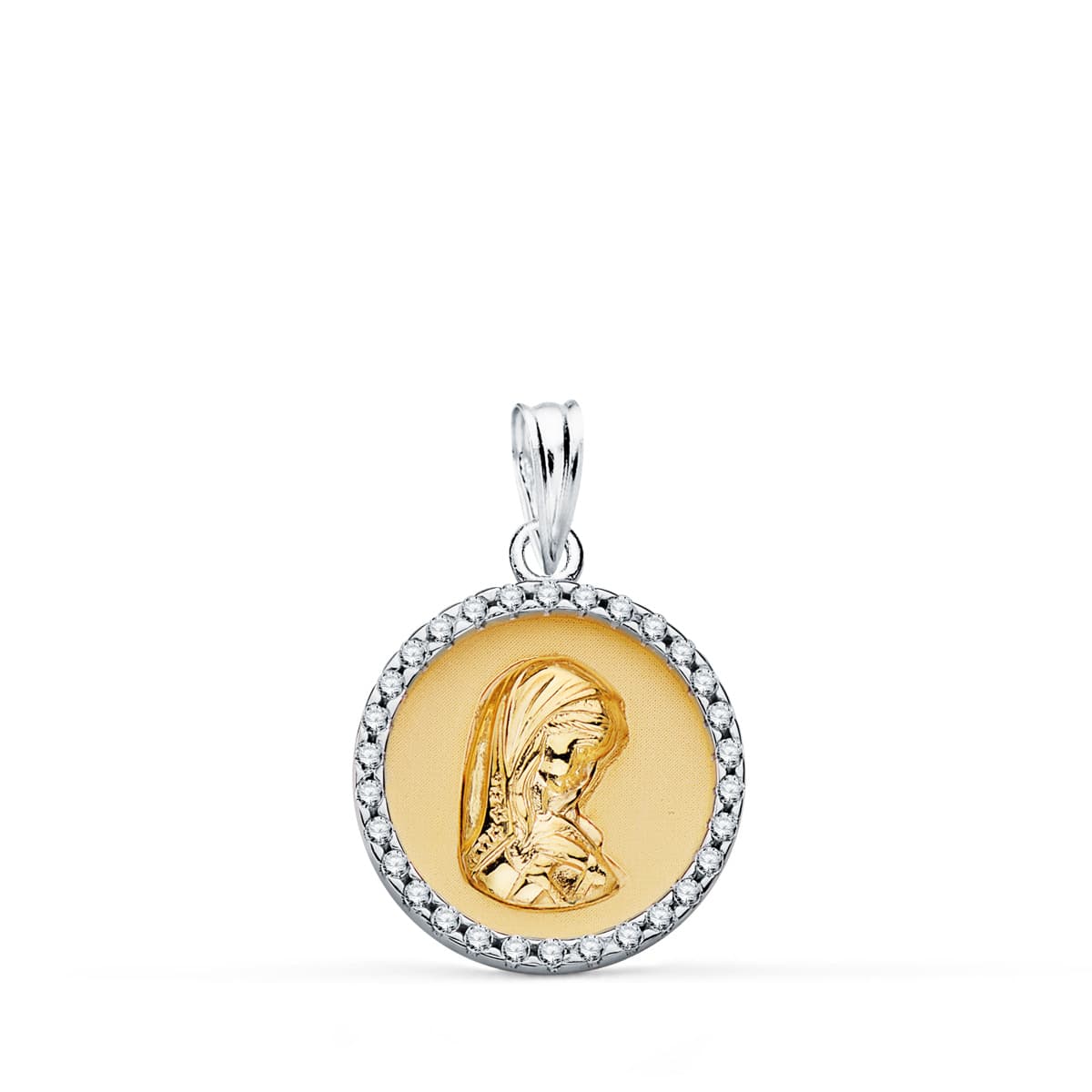 Pingente em Ouro 18K 2 Virgem Menina Cercada e Zircões. 16MM