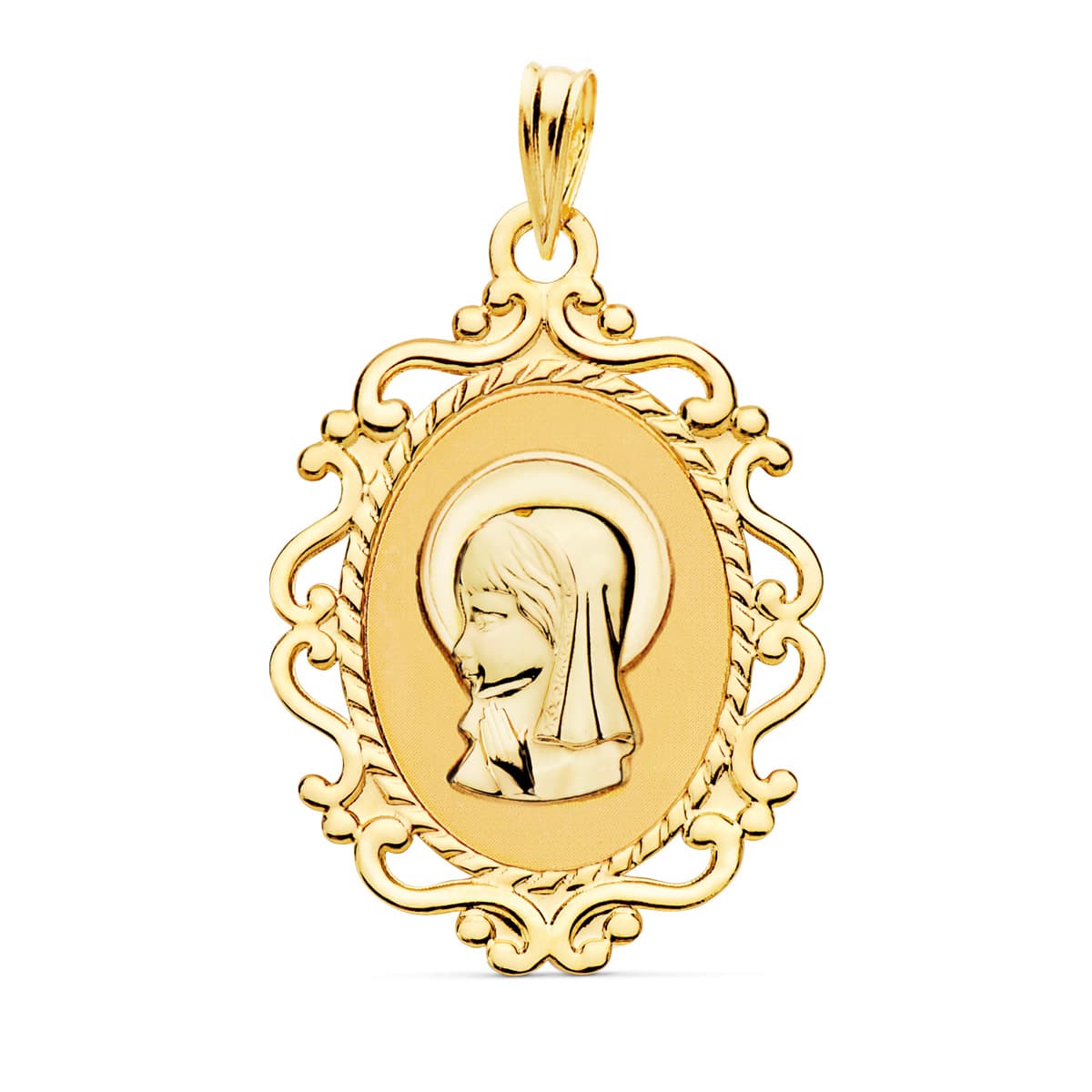 18K Médaille Vierge Bord Filigrane en Or Jaune 23X16 mm