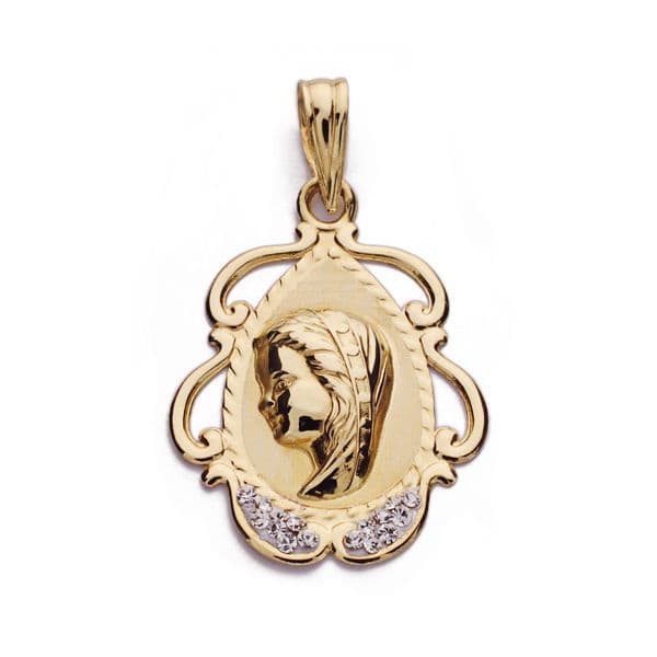 9K Médaille Vierge en Or Jaune & Zircon 24X17 mm