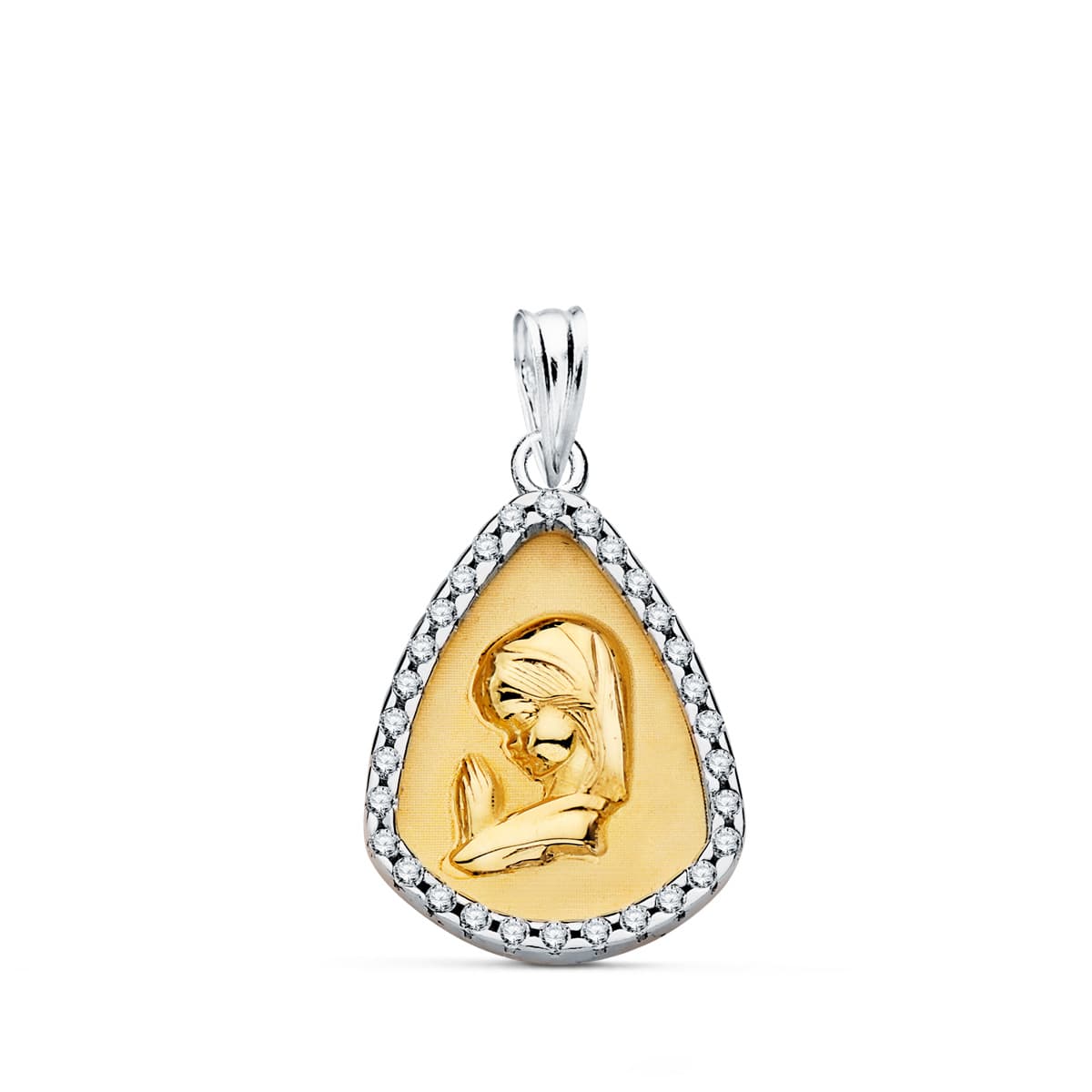 Pingente em Ouro 18K 2 Virgem Menina Cercada e Zircões. 18X14mm
