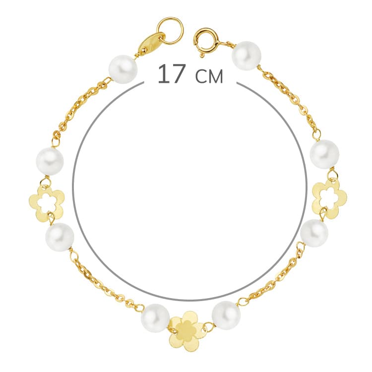 Bracelet Or Jaune 18K Perle et Fleurs 17 Cm