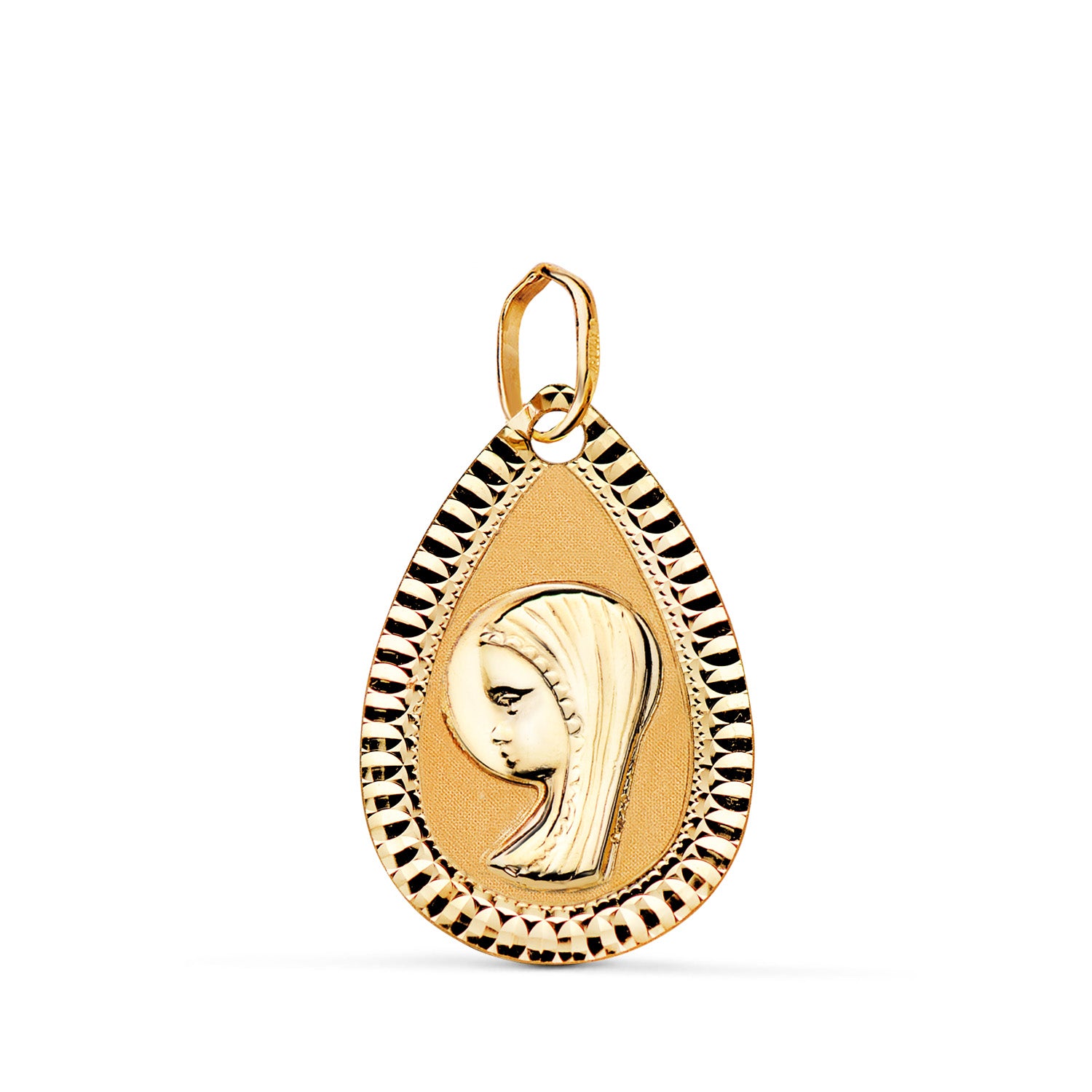 18K gul guldmedalje Virgin Girl udskåret mat og skinnende dråbemål: 20X13 mm