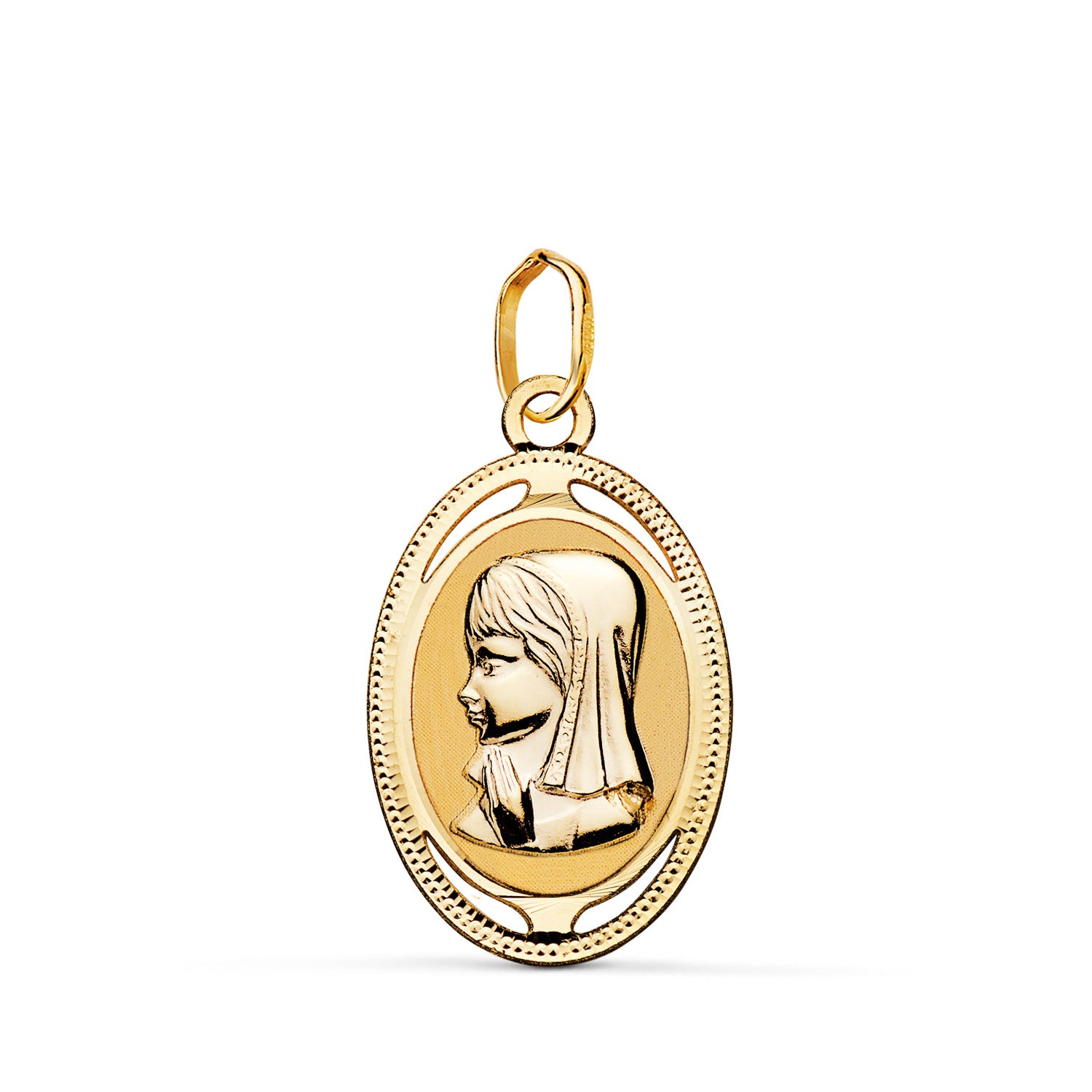 Medalha Virgem Oval em Ouro Amarelo 18K com Borda Entalhada e Obrada 19X12 mm