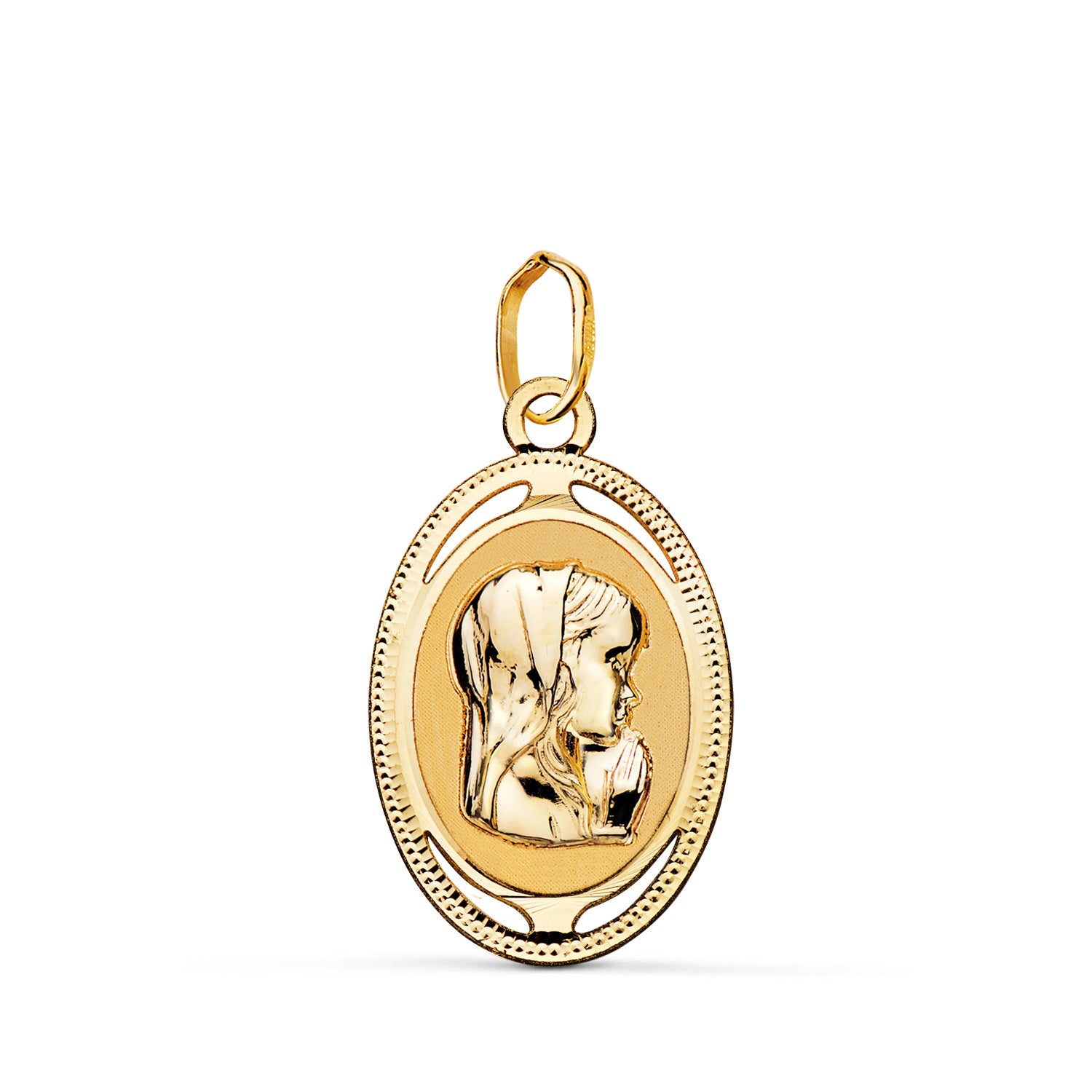 Oval Virgin Medal in 18K Yellow Gold with Carved and Openwork Border 19X12 mm