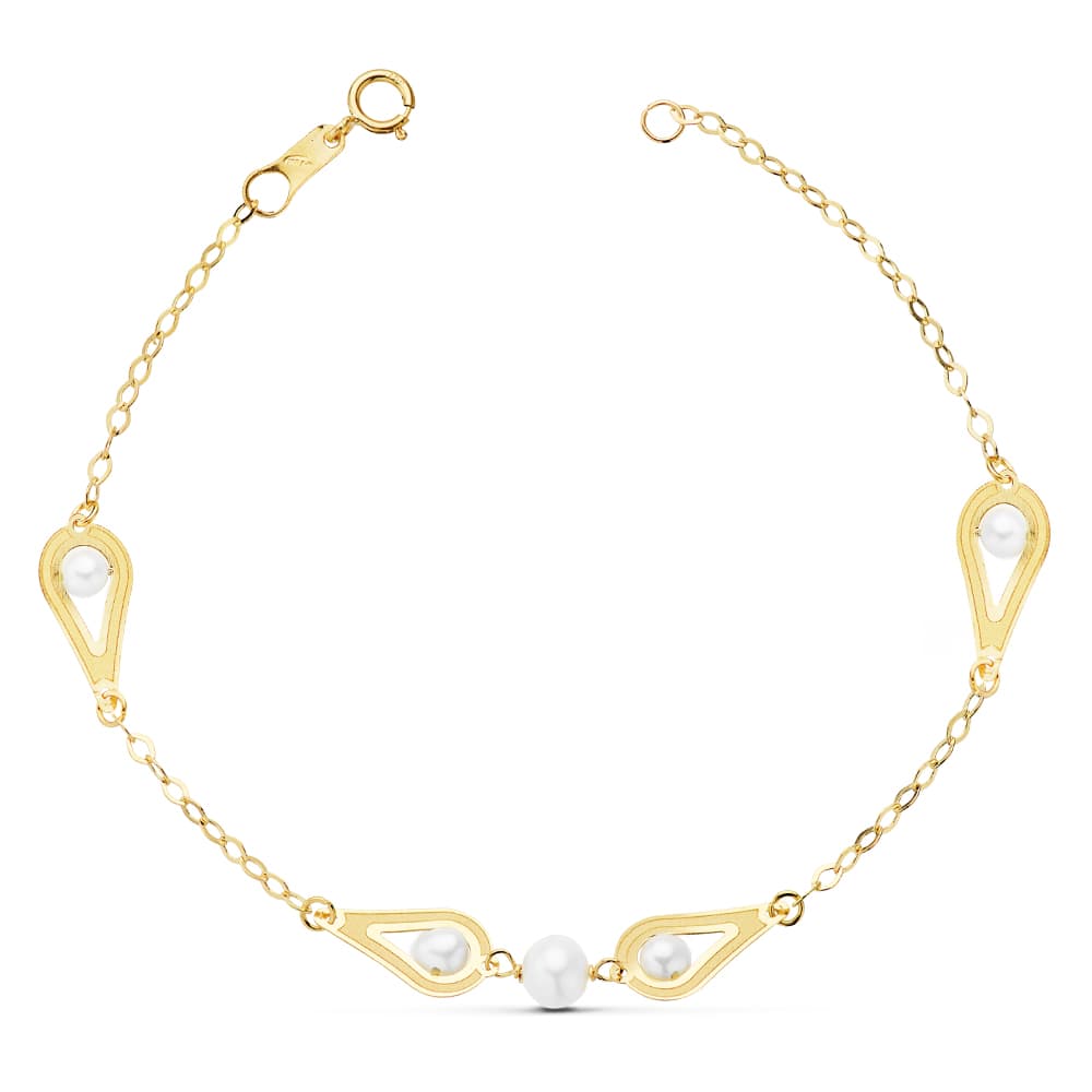 Bracelet de Communion en Or Jaune 18K avec Perles et Motifs 18 Cm