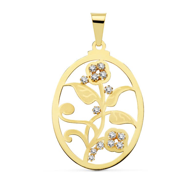Pendentif Or Jaune 18K Fleur Ovale Zircon 37X29 mm