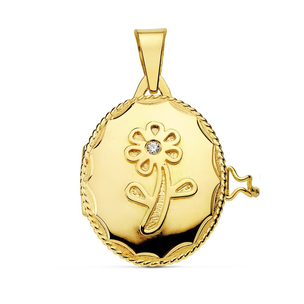 18K gul guld blomster og zirkon fotoholder vedhæng 22 X 19 mm