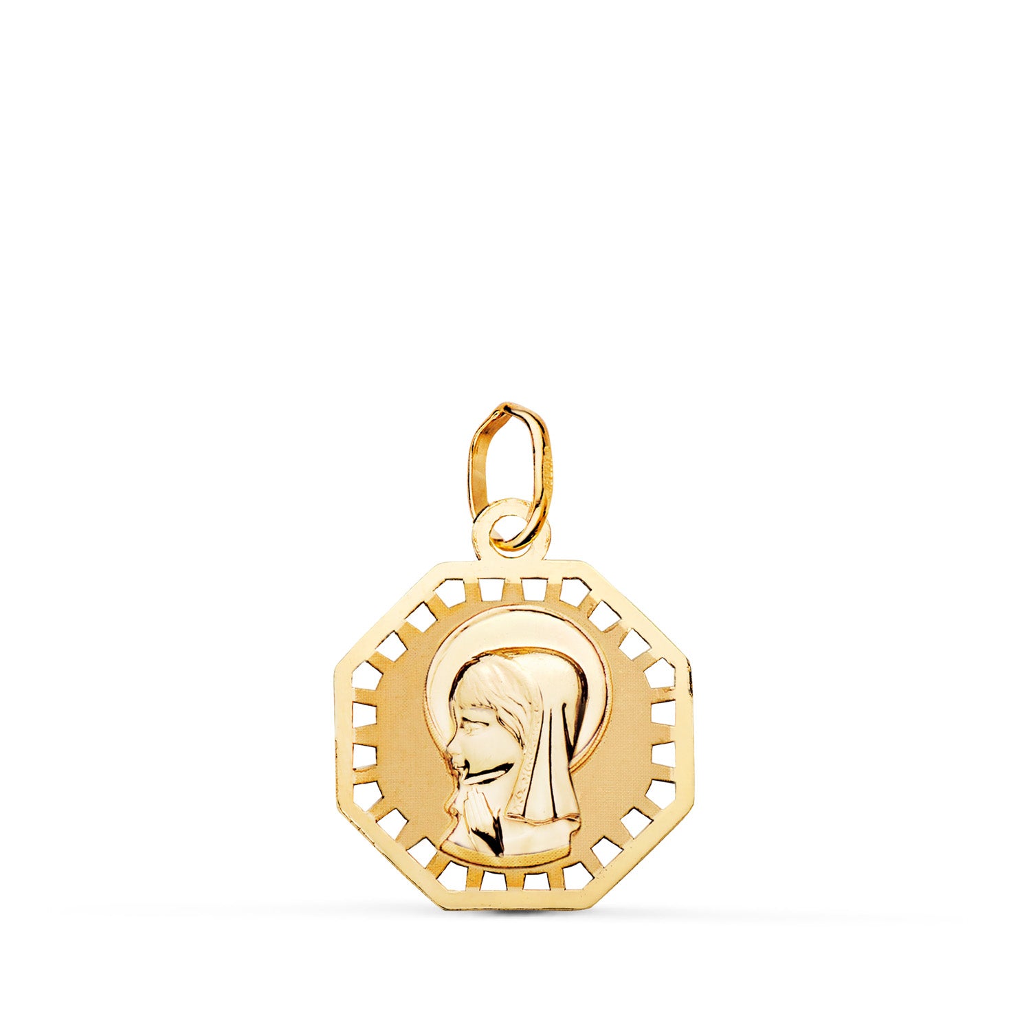 18-karat Yellow Gold Medal Representing a Little Virgin, Octagonal in Shape, Openwork, Matte and Brilliant. Dimensions: 17 x 15 mm