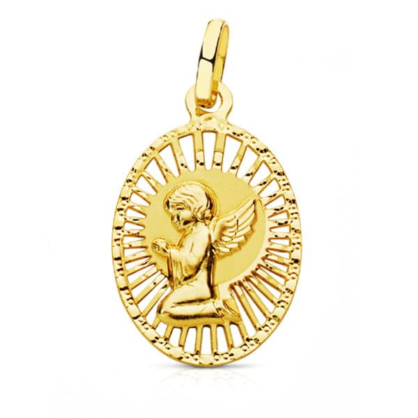 Medalie înger din aur galben de 18K cu chenar ajurat 22X14 mm