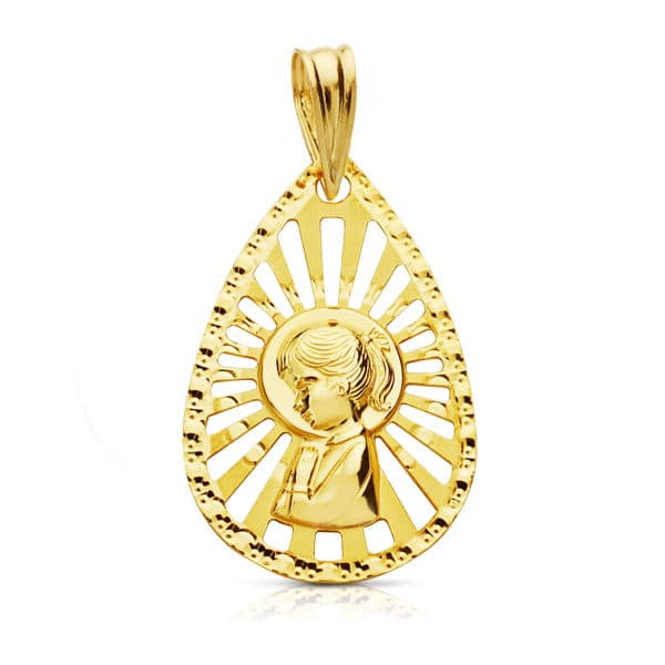 18K gult guld Medalj Virgin Girl med genombruten kant 22X19 mm