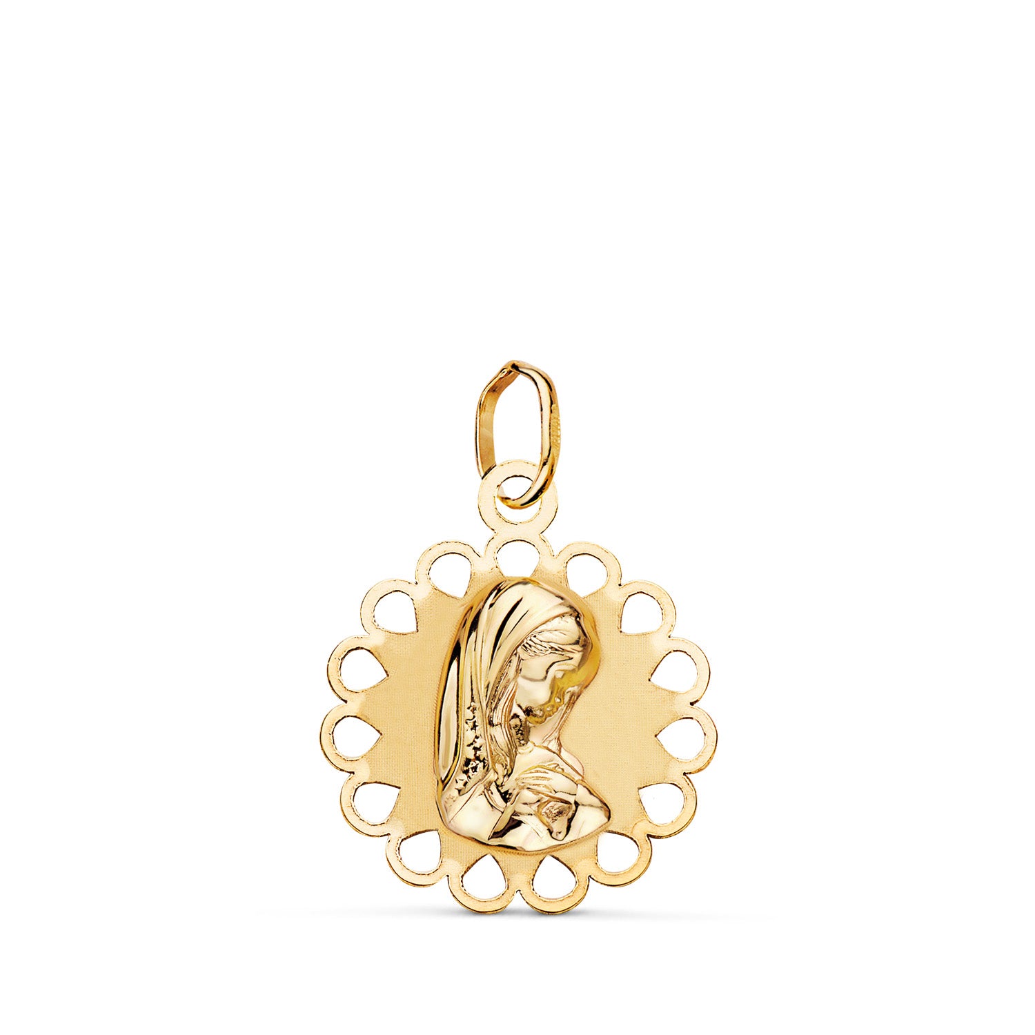 9K Yellow Gold Medal Representing A Young Virgin, Round, Openwork, Matte and Brilliant. Dimensions: 18 x 15 mm