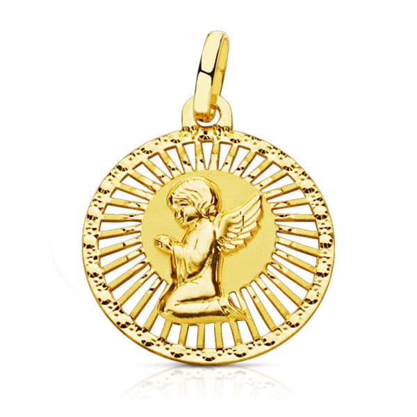 Médaille Ange en Or Jaune 18K avec Bordure Ajourée 21X19 mm