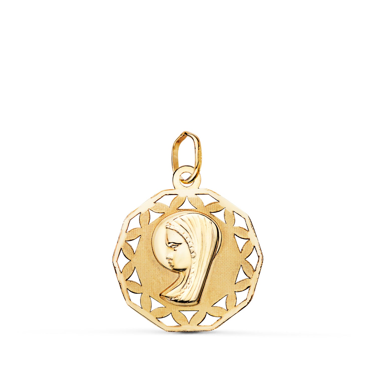 18K sárga aranyérem szűz lány áttört és árnyalt méret: 19 x 16,5 mm