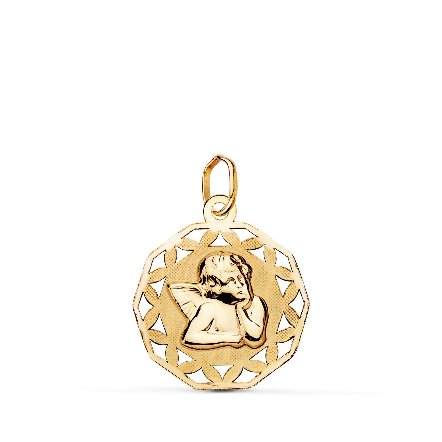 9K Yellow Gold Locket with Openwork and Shaded Angel Size: 19 x 16.5 mm