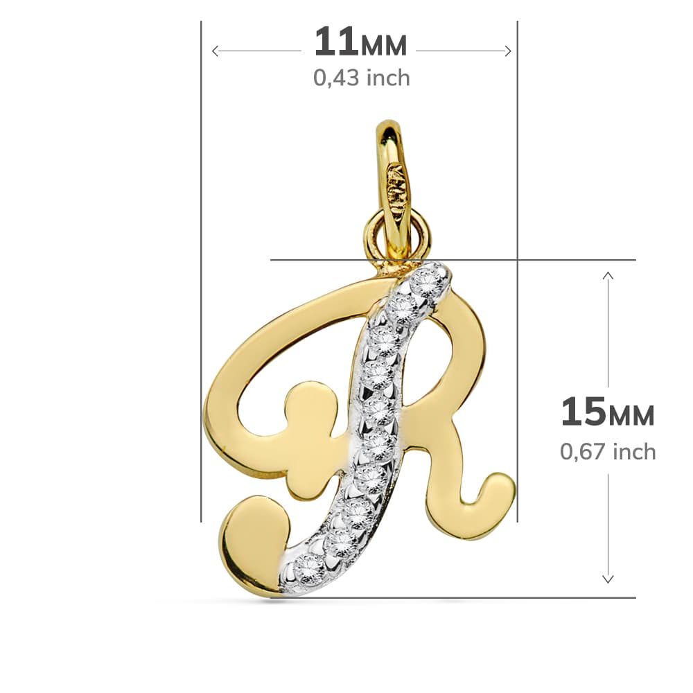 18K Tofarget gullanheng initial R Zirkon 15X11 mm