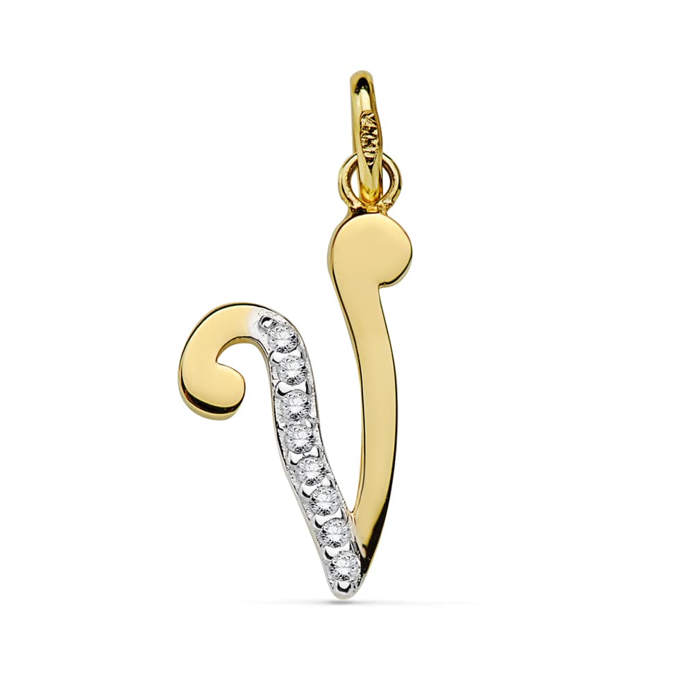 18K tweekleurige gouden hanger Initial V Zirkoon 18X10 mm