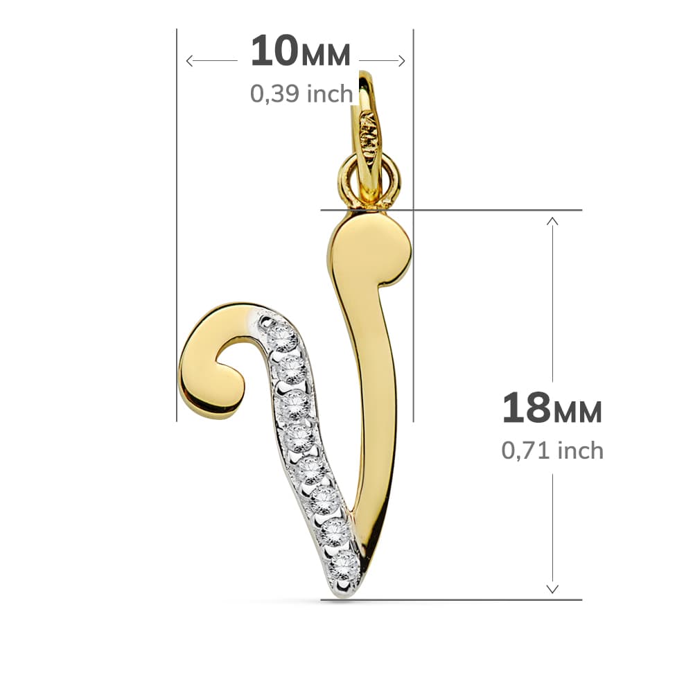 18K tweekleurige gouden hanger Initial V Zirkoon 18X10 mm
